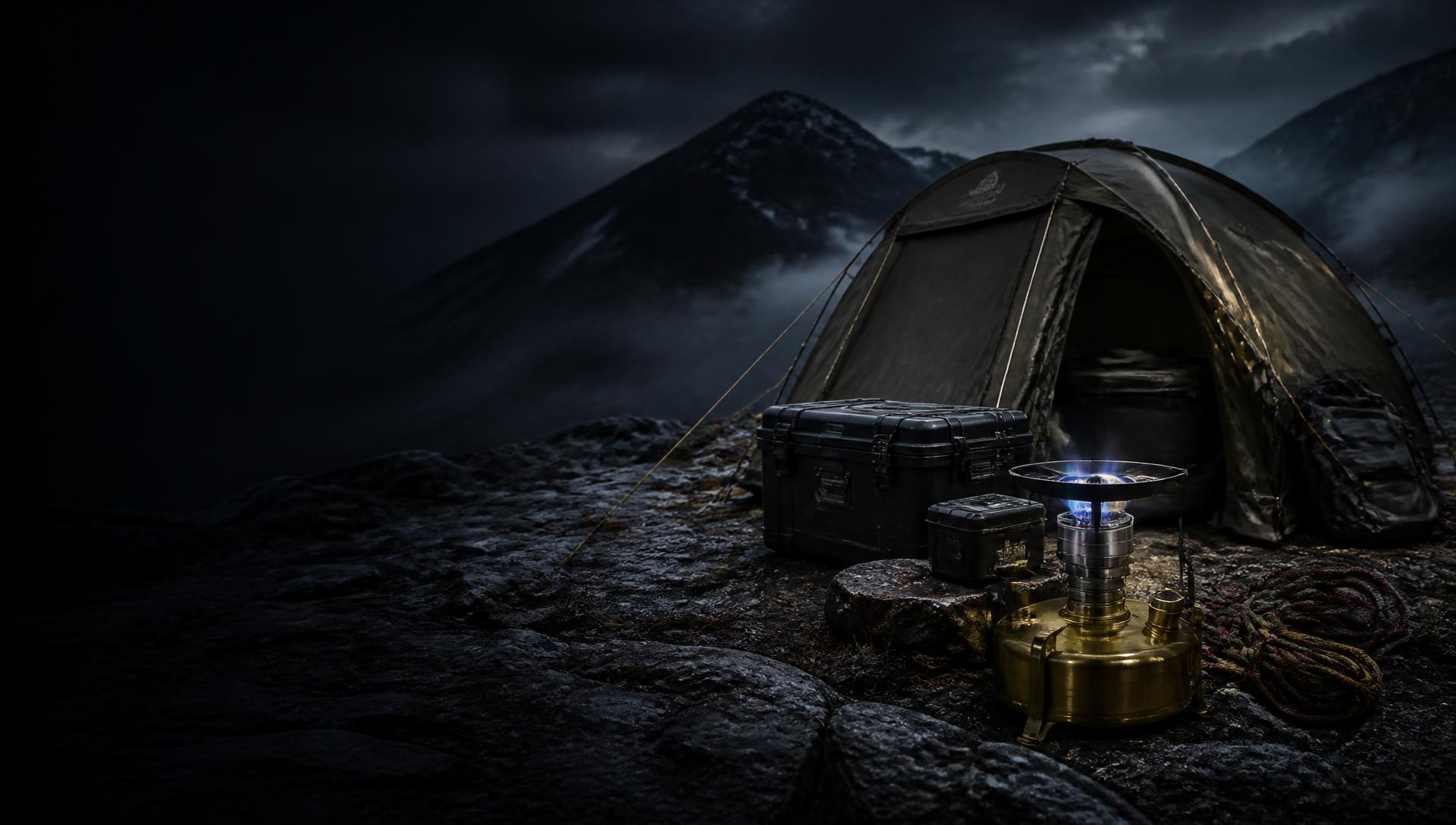 Expedition tent and multi-fuel camping stove on a rugged mountain ridge at night